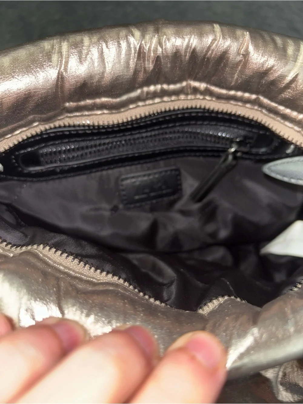 ZARA Metallic Bronze Puffy Crossbody Bag with Black Strap
